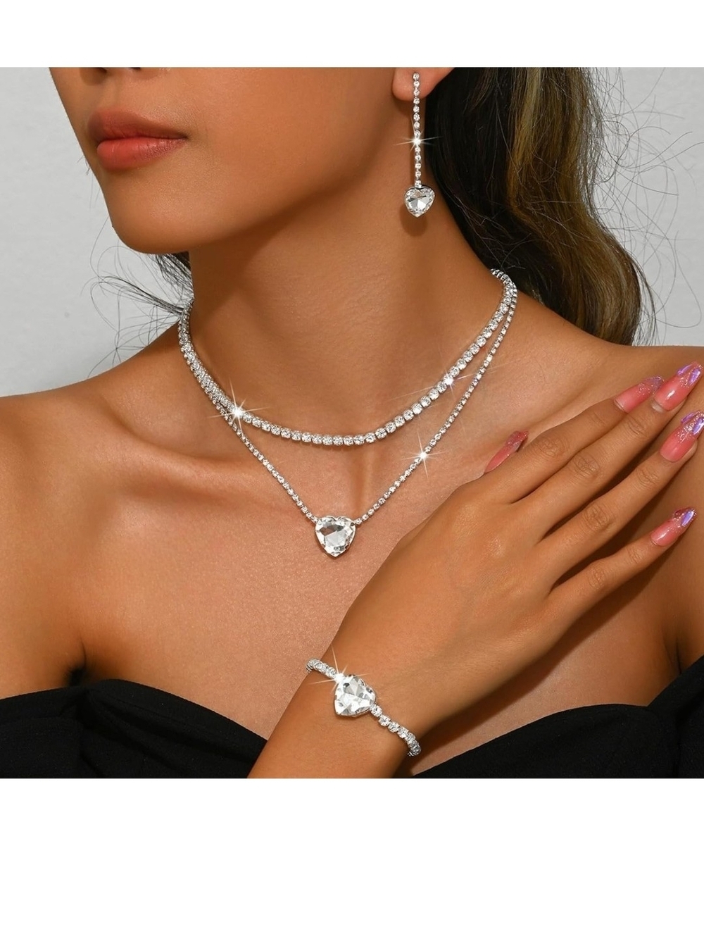 Silver Heart Crystal Layered Necklace & Bracelet Set